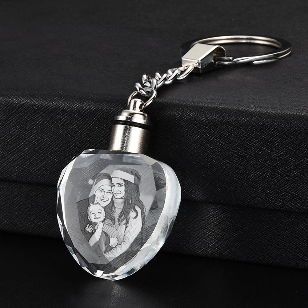 Personalized Crystal Keychain Photo - Lighted Custom Crystal Picture  Engraved Heart Shaped Key Chain 