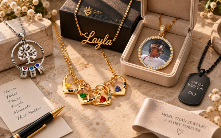 Personalized engraved necklaces with meaningful names, messages, and photo designs