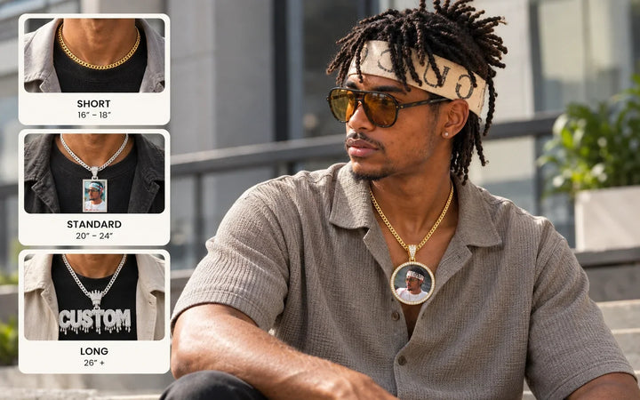 Man wearing a necklace while comparing short, standard, and long necklace lengths