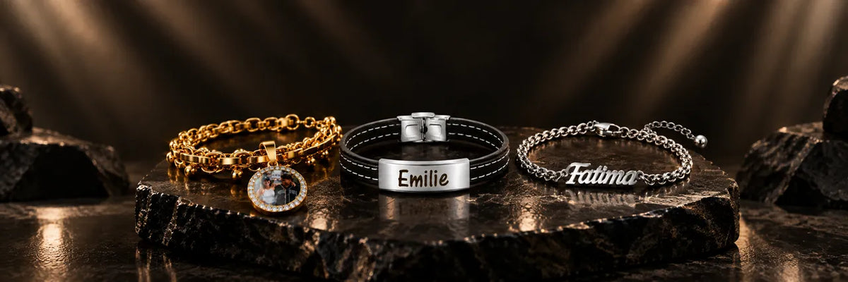 Custom engraved bracelets — gold chain bracelet with round photo charm, black leather "Emilie" nameplate bracelet, and silver "Fatima" script name bracelet