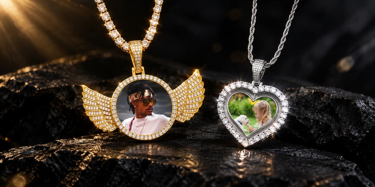 Personalized photo necklaces for women — gold angel wings pendant and silver heart-shaped pendant with custom photo and crystal accents