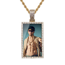 Load image into Gallery viewer, Front view of a custom picture necklace for men, 14k gold-plated rectangle photo pendant