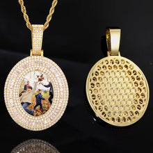 Load image into Gallery viewer, Front and back view of the 14k yellow gold plated custom 3D picture necklace, showing the iced-out front with a photo and the solid honeycomb back design.