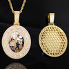 Front and back view of the 14k yellow gold plated custom 3D picture necklace, showing the iced-out front with a photo and the solid honeycomb back design.