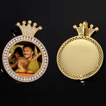 Load image into Gallery viewer, Front and blank back view of the 14k yellow gold plated custom crown photo pendant necklace.