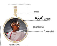 Load image into Gallery viewer, Photo medallion necklace size chart: brass pendant with AAA+ CZ halo, 45 mm wide, 65 mm tall with bail, custom photo inside