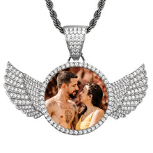 Load image into Gallery viewer, Silver angel wings picture pendant with a photo inside a CZ frame and iced-out CZ wings