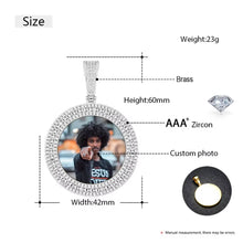 Load image into Gallery viewer, Size and specification details for the 3-row round memory medallion pendant, showing 60mm height, 42mm width, 23g weight, made of brass and AAA+ zircon stones.