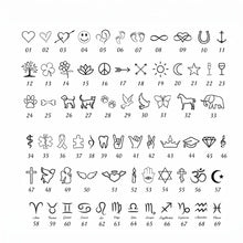 Load image into Gallery viewer, Baby name bracelet icon chart showing the 69 engravable icons, numbered 1 to 69