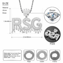 Load image into Gallery viewer, Drip name chain size chart with pendant measurements, CZ stones and rope, Cuban or Franco chain options