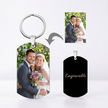 Load image into Gallery viewer, Full color photo keychain with a family picture printed on a silver-color dog tag