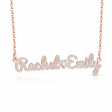 Load image into Gallery viewer, 18K rose gold plated two name necklace with Rachel and Emily joined by a CZ heart