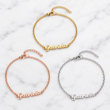 Load image into Gallery viewer, Gold, rose gold and silver color name bangle bracelets shown side by side