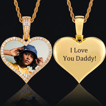 Load image into Gallery viewer, Silver rhodium plated heart necklace with picture inside and CZ halo Font And Back View