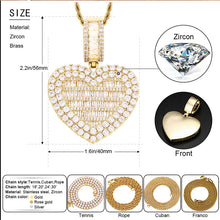 Load image into Gallery viewer, Heart locket size chart – 1.6 x 2.2 in (40 x 56 mm) brass and zircon heart locket with a plain gold front, plus tennis, rope, Cuban and Franco chain options