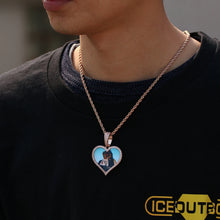 Load image into Gallery viewer, Model wearing a memorial heart necklace with picture on a chain