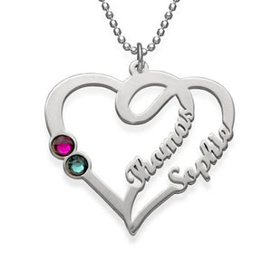 Personalized 925 Sterling Silver Double Heart Name Necklace With Birthstone