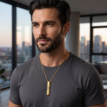 Load image into Gallery viewer, Personalized bar necklace worn over black t-shirt showing 20 inch chain drop