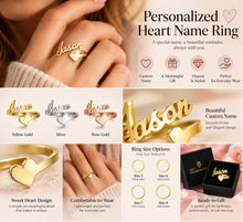 Load image into Gallery viewer, Personalized heart name ring with a custom script name in gold, silver and rose gold