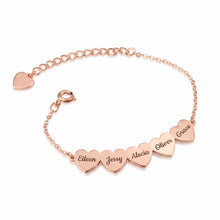 Load image into Gallery viewer, Rose gold family name bracelet for mom with names engraved on connected hearts