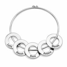 Load image into Gallery viewer, Silver color bangle bracelet with engraved children's name charms
