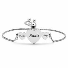 Load image into Gallery viewer, Silver color kids names bracelet for mom with large center heart and two small hearts