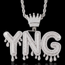 Load image into Gallery viewer, Drip name chain in silver with the name YNG in iced out bubble letters and a crown