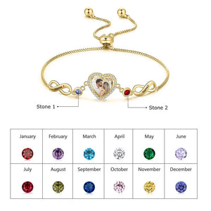 Infinity Bracelet with Photo Inside – 2 Birthstones, Engraved Name & Adjustable Chain