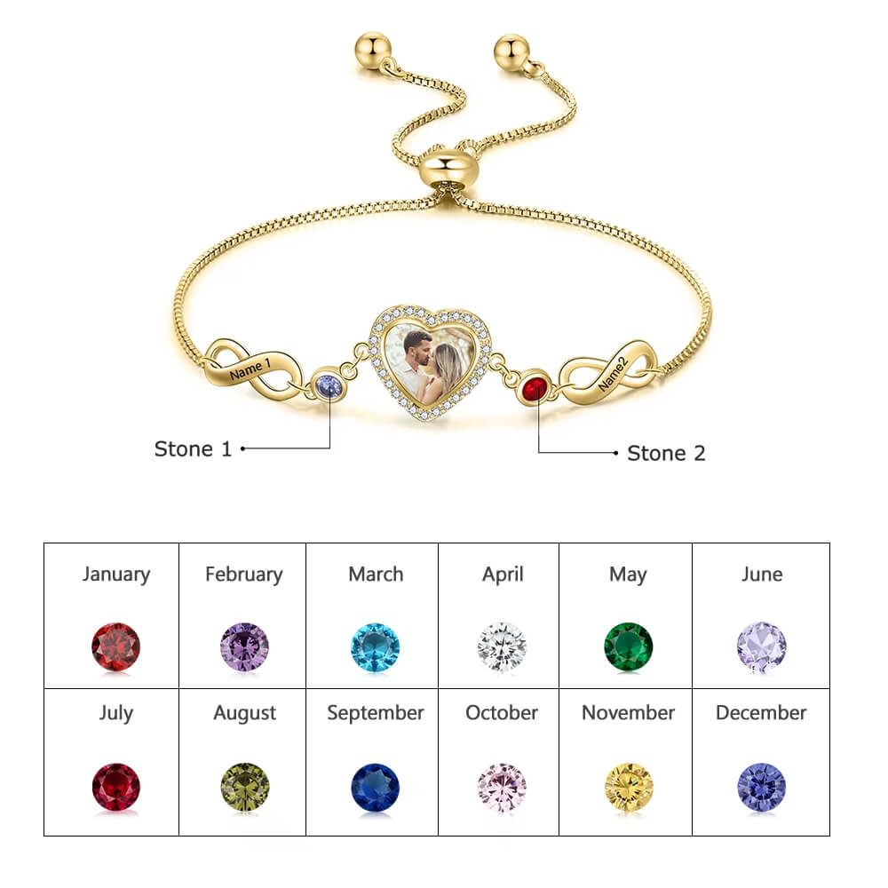 Infinity Bracelet with Photo Inside – 2 Birthstones, Engraved Name & Adjustable Chain