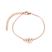 Load image into Gallery viewer, Rose gold baby initial bracelet with a script letter engraved on a round disc