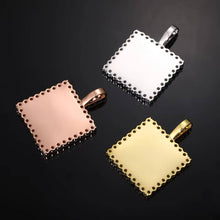 Load image into Gallery viewer, The blank back side of the custom square memory pendants in rose gold, silver, and yellow gold, ready for personalized text engraving