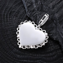 Load image into Gallery viewer, The smooth blank back side of the white gold heart pendant necklace, perfect for custom name or message engraving.