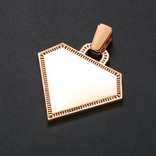Load image into Gallery viewer, The smooth, blank back side of the rose gold plated triangle photo memory pendant, ready for personalized text engraving.