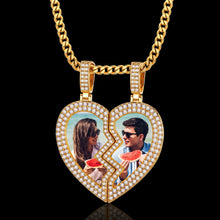 Load image into Gallery viewer, Broken heart necklace with picture in 14K gold plated iced out CZ split heart