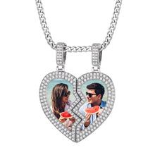Load image into Gallery viewer, Silver split heart photo necklace with two pictures and two CZ bails on matching chains
