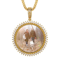 Load image into Gallery viewer, Gold photo pendant for men with a round CZ halo and a custom picture inside, on a gold chain