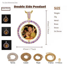 Load image into Gallery viewer, Size and specification guide for the colorful custom double-sided rotating pendant, showing 65mm height, 45mm width, 25g weight, made of brass and 5A zircon, with various chain options.