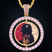 Load image into Gallery viewer, Gold double-sided rotating photo necklace with a purple CZ halo and a custom picture inside