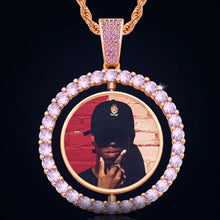Load image into Gallery viewer, Rose gold plated rotating photo pendant with a purple CZ halo and a personalized picture