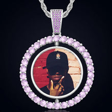 Load image into Gallery viewer, Silver rhodium plated double-sided photo necklace with purple CZ stones and a custom photo