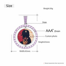 Load image into Gallery viewer, Double-sided rotating photo necklace size guide: 65 mm tall, 45 mm wide, 30 g, brass with CZ