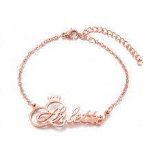 Load image into Gallery viewer, Rose gold plated name anklet with crown spelling a name in script on a rolo chain