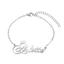 Load image into Gallery viewer, Silver name anklet with crown spelling a name in script on a rolo chain