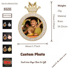 Load image into Gallery viewer, Size and specification guide for the custom crown photo pendant, showing 53mm height, 40mm width, 25g weight, made of brass and 5A zircon stones.