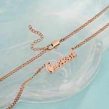Load image into Gallery viewer, Close-up of a rose gold double plated cursive name necklace and chain