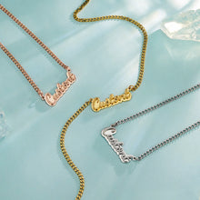 Load image into Gallery viewer, Gold, rose gold and silver double plated cursive name necklaces side by side