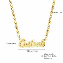 Load image into Gallery viewer, Double plated cursive name necklace size chart: 32.5 x 11.5 mm pendant on a 3 mm curb chain