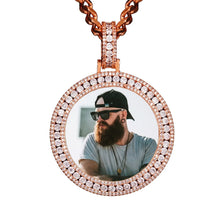 Load image into Gallery viewer, Rose gold personalized pendant for men with a round photo inside a double CZ halo on a chain