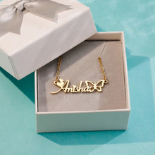 Load image into Gallery viewer, Gold custom name necklace with heart and butterfly in a white gift box