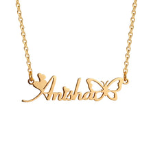 Load image into Gallery viewer, Gold plated custom butterfly script name necklace with the name Anisha, a heart and a butterfly